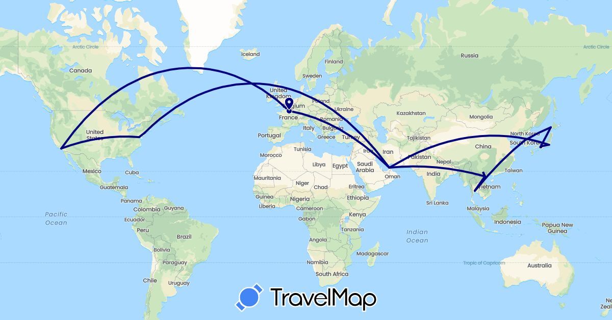 TravelMap itinerary: driving in United Arab Emirates, France, Japan, South Korea, Thailand, United States, Vietnam (Asia, Europe, North America)